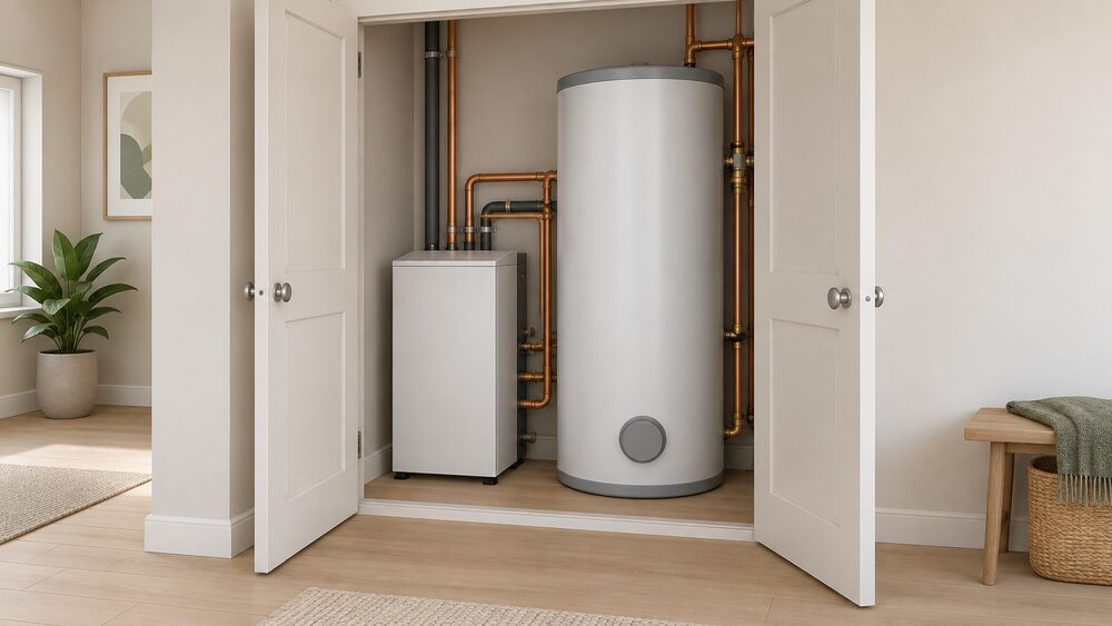 A compact ground source heat pump unit standing inside an open airing cupboard beside a domestic hot water cylinder, with the cupboard doors open to show how small the unit is and the pipework linking the two.