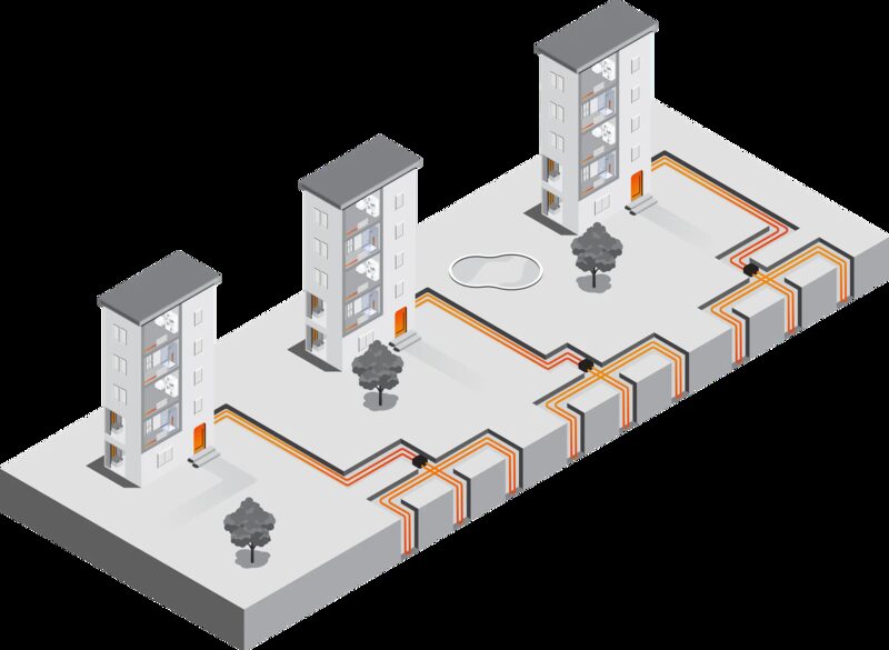 Isometric diagram of a networked ground source heat pump system serving three blocks of flats with borehole arrays and pipework
