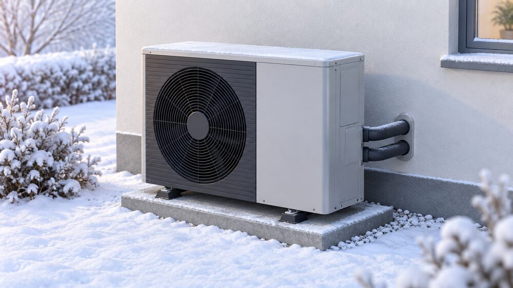 A close-up of a single monoblock air-to-water heat pump unit, all essential parts integrated in one outdoor cabinet, standing on the ground against an external house wall with its pipework entering the wall and frosty cold air suggested around it.