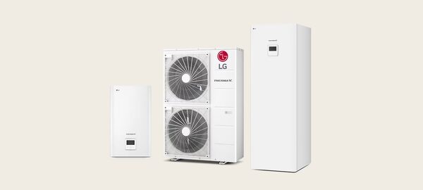 LG Therma V hydrosplit air source heat pump system with outdoor fan unit, indoor hydro unit and cylinder tank on a plain background