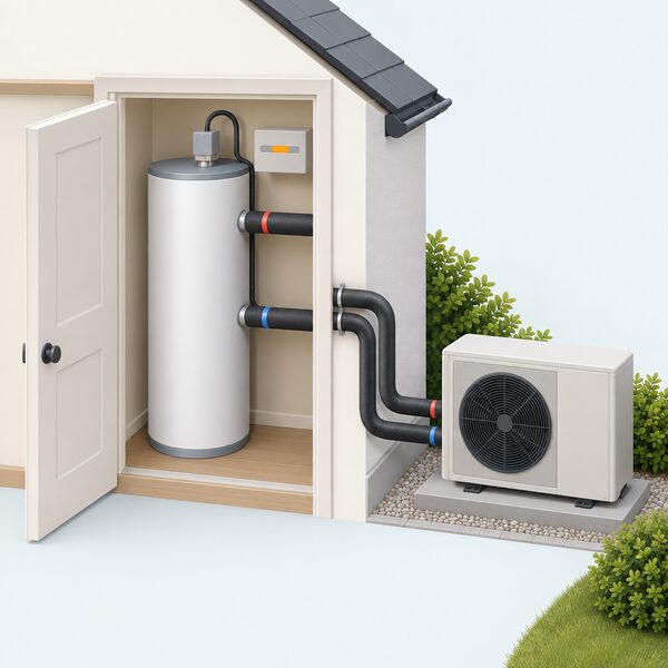 A tall hot water cylinder in a home airing cupboard, connected by insulated flow and return pipes to an outside monobloc heat pump, with an electric immersion heater at its top and a small control panel showing a plain indicator band for the periodic sterilisation cycle.