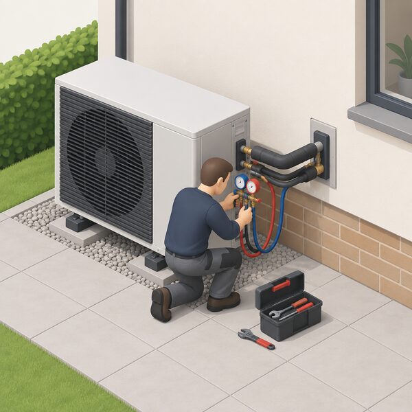 A competent installer in plain clothing works at an outdoor R290 monobloc heat pump unit beside a house wall, using tools and gauges on the refrigeration and water pipework to commission it, with the unit's piped connections running into the building.
