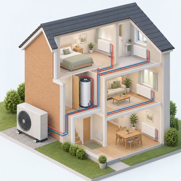 A cutaway view of a house showing the Therma V outdoor unit standing beside an external wall, a hot water cylinder in an airing cupboard inside, and radiators in the rooms delivering heat, all connected by pipework.