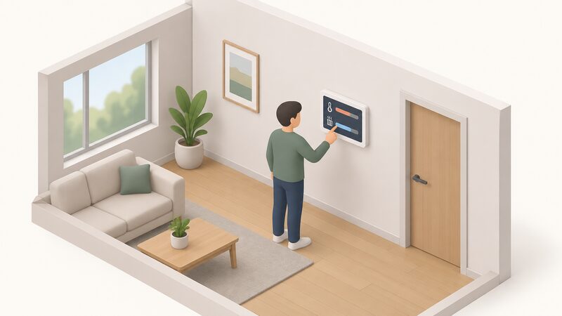 A wall-mounted heat pump room controller on an interior wall, drawn as a physical screen with plain colour bands and blank lines indicating a flow temperature value and a heating mode, with a simplified figure adjusting it.