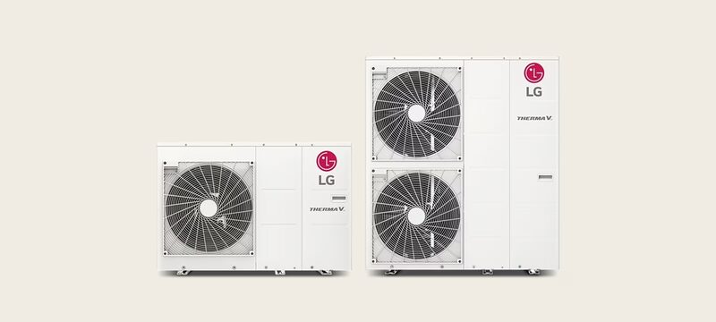 Two LG Therma V monobloc air source heat pump outdoor units on a plain background