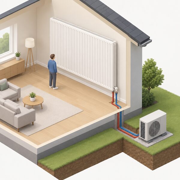 A large, tall low-temperature radiator mounted flat against an inside wall of a simply furnished room, with two flow and return pipes running from its bottom valve connections down through the floor towards the heat pump outside, one small isometric figure standing beside it indicating its size.