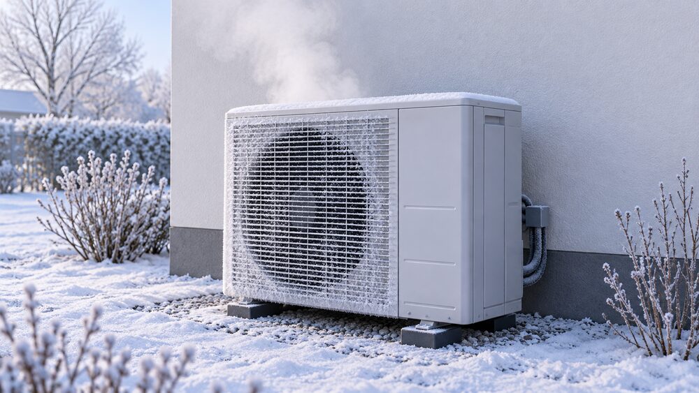 A close-up of an air source heat pump outdoor unit standing on the ground outside a house on a frosty winter day, its coil rimed with frost and a puff of vapour rising from it during a defrost cycle.