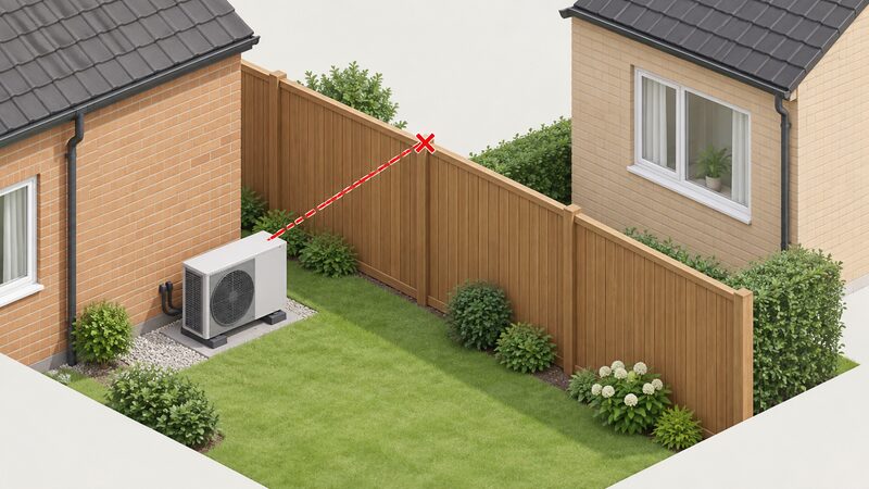 A small isometric garden scene showing a solid fence barrier standing between an air source heat pump on the ground outside a house and a neighbouring property's window, with a dashed sight line from the top of the heat pump being fully blocked by the barrier's upper edge.