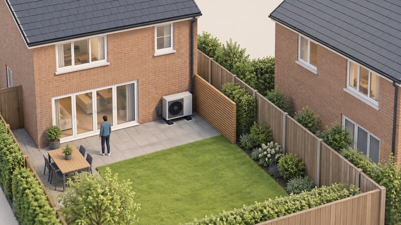 A completed heat pump installation at the rear of a house, the outdoor unit on a stand against the back wall, positioned well away from a neighbouring property's windows, with a low acoustic barrier fence between the unit and the boundary.