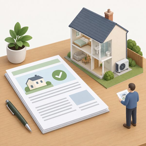 A planning application document lying on a table beside a simple cutaway drawing of a dwellinghouse with an air source heat pump unit at its rear, the document's pages showing blank ruled lines and plain colour blocks with no readable words or figures.
