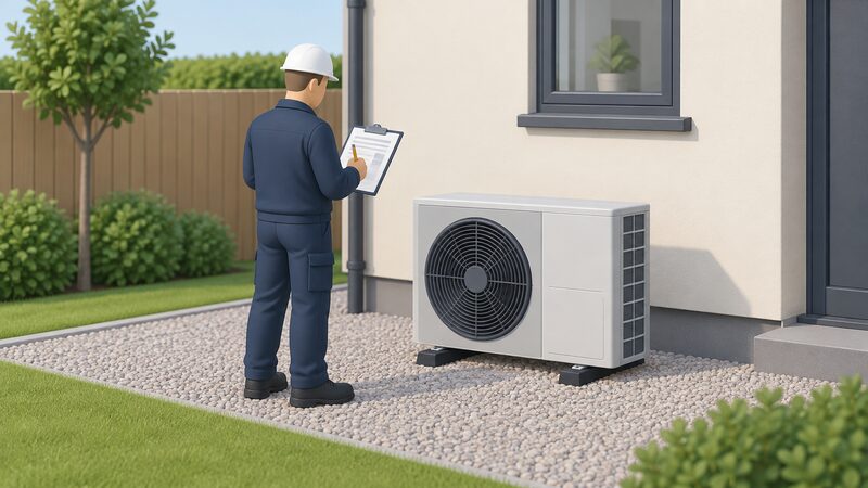 An installer stands beside an unfixed outdoor air source heat pump unit on the ground outside a house, working through a printed sound calculation sheet on a clipboard, pencil in hand, before the unit is mounted.
