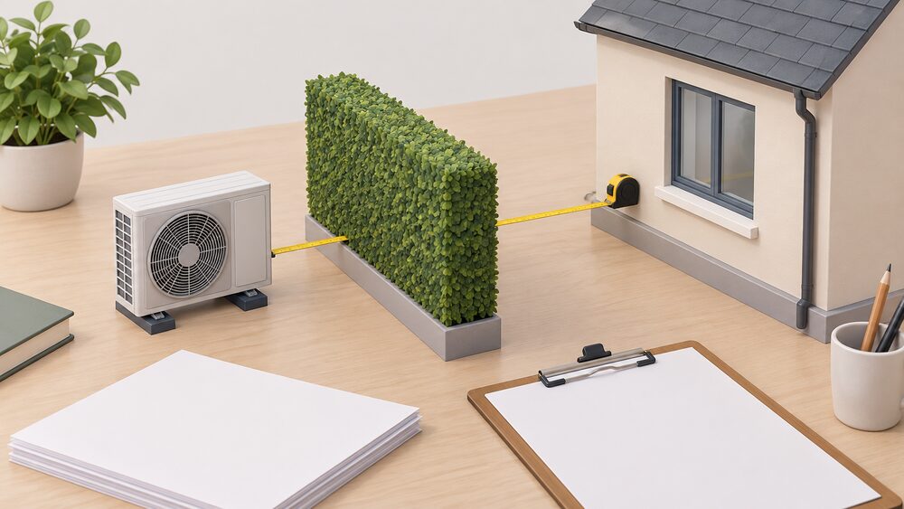 A desk arrangement showing a small model of an air source heat pump outdoor fan unit standing beside a low solid barrier model, with a tape measure stretched between the unit and a small model house wall with a window, next to blank assessment paperwork and a clipboard.