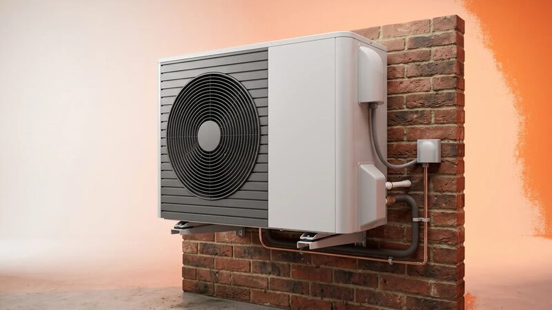 An air source heat pump unit mounted on a brick wall with visible pipework