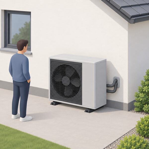 A single air-to-water heat pump outdoor fan unit standing on the ground against the outside wall of a simple house, with pipework entering the wall behind it.