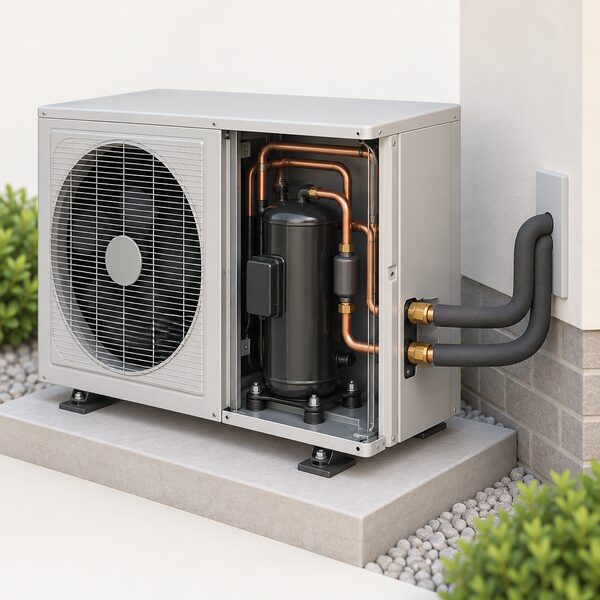 A close view of an air-to-water heat pump outdoor unit with its casing panel open to reveal the inverter-driven compressor and the refrigerant pipework connections running from it into the building wall.