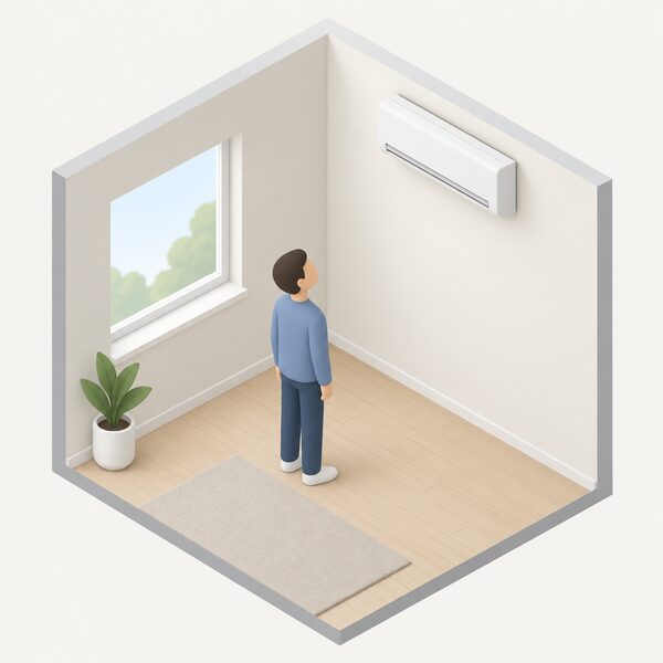 A plain interior room with a slim wall-mounted air conditioning unit fitted high on the indoor wall above head height, with a simplified isometric figure standing below looking up at it, drawn without any branding or text.