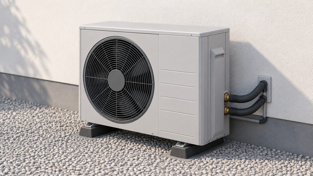 A close-up of a single air-to-water heat pump outdoor fan unit standing on the ground against an external house wall in daylight, shown whole with its casing, fan grille and pipework connections visible and nothing else in the scene.