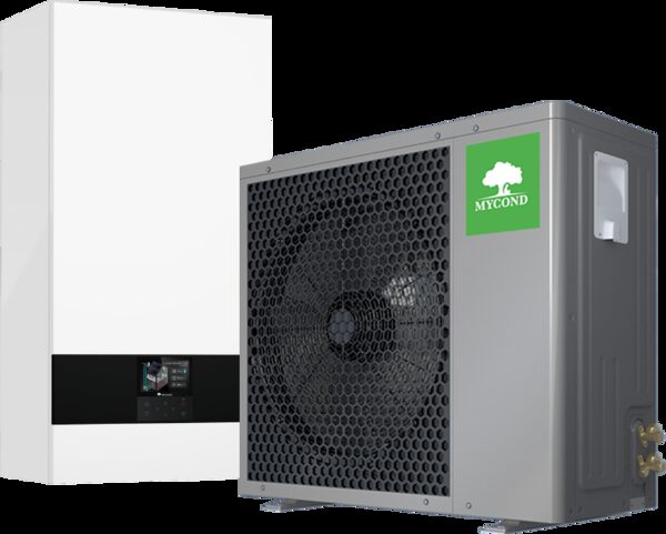 A Mycond split heat pump system, showing the outdoor fan unit and indoor wall-mounted unit