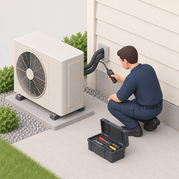 A refrigeration specialist in plain work clothes crouches beside an outdoor split heat pump unit at the side of a house, using a leak detector probe on the insulated refrigerant lines running from the unit into the wall, with a small toolbox open on the ground.