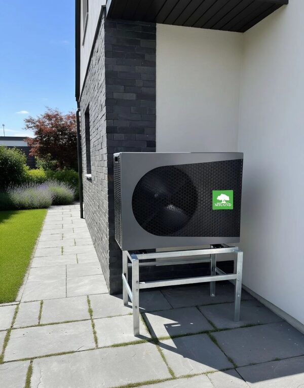 A Mycond monoblock air source heat pump mounted on a metal stand outside a house wall beside a paved garden path