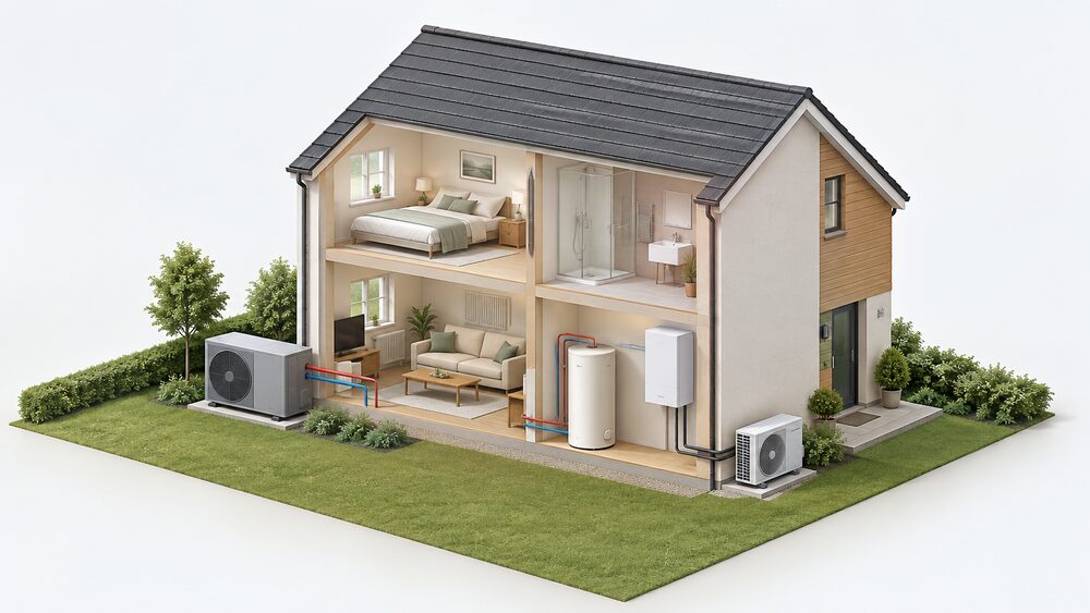 A cutaway house showing a large monobloc heat pump unit standing outside one external wall with only water pipes entering to a hot water cylinder indoors, beside a smaller split outdoor unit connected by refrigerant lines running through the wall to a compact indoor unit on an inside wall.