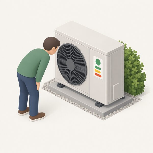 A simplified isometric householder standing in front of an outdoor air-to-water heat pump unit on display, leaning in to inspect a certification label affixed to the unit's casing, with the mark shown as a plain geometric emblem and blank colour bands so no readable text appears.