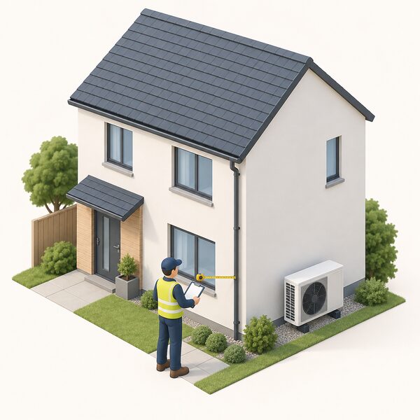 An installer standing outside a house with a clipboard and tape measure, surveying the building's walls, windows and an outdoor air-source heat pump unit to work out its heat demand before recommending a system.