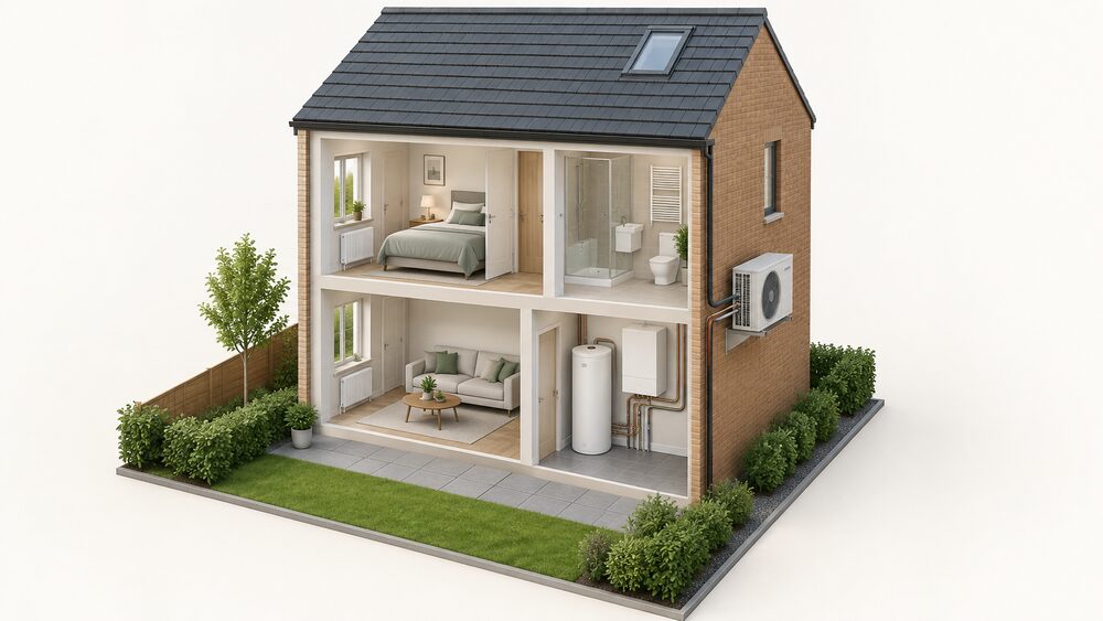 A cutaway of a modern townhouse showing a split air source heat pump: the outdoor fan unit mounted on a wall bracket on the narrow outside wall, connected by pipework through the wall to an indoor unit inside, with a hot water cylinder and radiators fed by the wet system.
