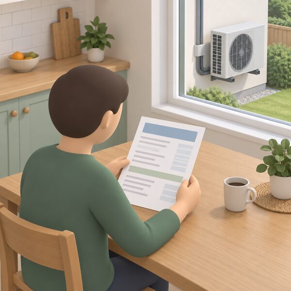 A printed quotation document lying on a kitchen table in a home, held or read by a simplified householder figure, with blank line blocks for costs and plain colour bands for sections, and through a window an outdoor heat pump unit on the wall with pipework running into the house.