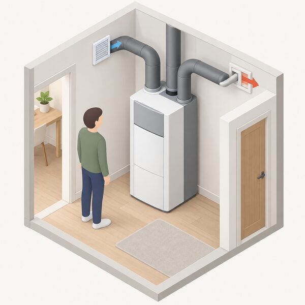 A single compact combined ventilation heat pump unit with its integral hot water store standing indoors in a home, connected to extract and supply ventilation ducts, with a simplified isometric figure beside it for scale.