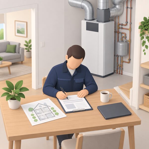An installer at a table in a home, writing a quote sheet after a survey, with a survey sketch of the house beside them and a combined ventilation heat pump unit with ducting and wet-side pipework visible in the background.