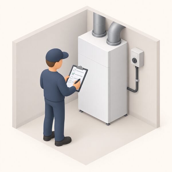 A simplified isometric certified installer in plain clothing signs off the electrical works of a Nilan ventilation heat pump, standing beside the indoor unit and its electrical connection, holding a clipboard with blank lines and marking the completed check.