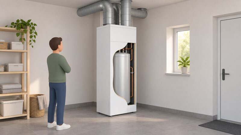 A tall white Compact P unit standing in a utility room, with round ducting running from its top to the ceiling, and a cutaway of the front panel revealing the integrated hot water store behind it.