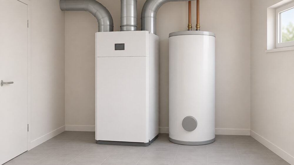 A single tall white combined ventilation heat pump unit standing indoors in a utility room, with round ventilation ducts entering its top and a domestic hot water cylinder beside it, all shown close up with no other equipment.