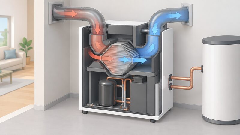 A cutaway diagram of a single combined ventilation heat pump unit showing stale extract air ducted in from the house, passing through an internal heat exchanger, with clean supply air ducted back out and a hot water cylinder connection on the wet side.