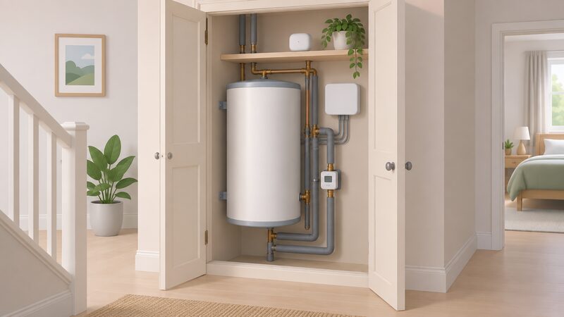 An open airing cupboard showing a wall-mounted hot water cylinder with insulated pipework connections, a wall-mounted controls hub beside it and a small programmer on the pipework, with a Cosy Pod room sensor on a shelf.