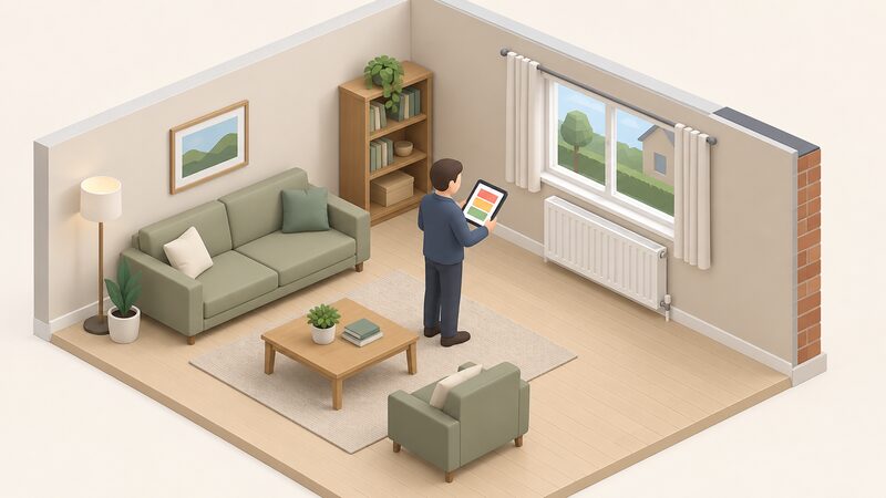 A surveyor standing in a domestic living room carrying out a heat loss survey, holding a tablet whose screen shows plain colour blocks representing room-by-room heat loss figures, with a radiator, window and external wall visible around him.