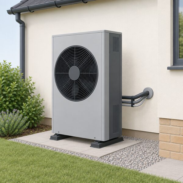 A single outdoor air source heat pump unit standing on the ground against the exterior wall of a house, shown as a tall rectangular casing with a large circular fan grille on its front face and refrigerant and water pipes entering the wall beside it.