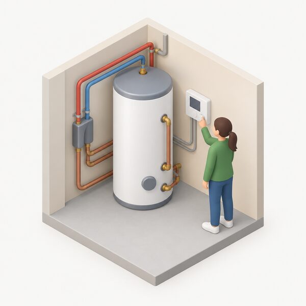 An indoor utility space with a hot water cylinder connected to heat pump pipework, a controls panel on the wall beside it, and a small isometric figure adjusting the controls to pre-heat water during an off-peak window.