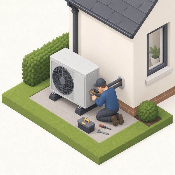 A registered installer in plain work clothing kneels beside an air source heat pump unit being positioned on a stand outside the external wall of a home, with a pipe run connecting the unit through the wall and tools laid out on the ground.