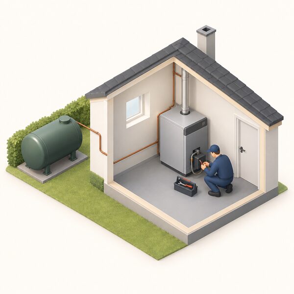 A technician crouched beside an existing indoor oil boiler, tools in hand, carrying out the simple conversion so it runs on hydrotreated vegetable oil supplied from the existing outdoor oil tank through the existing fuel line.