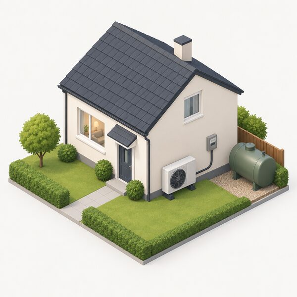 An isometric house with a heat pump unit on its outside wall and a cable to the meter, while an old oil tank sits unused at the side of the property with its filler cap closed and no delivery tanker or hose in sight.