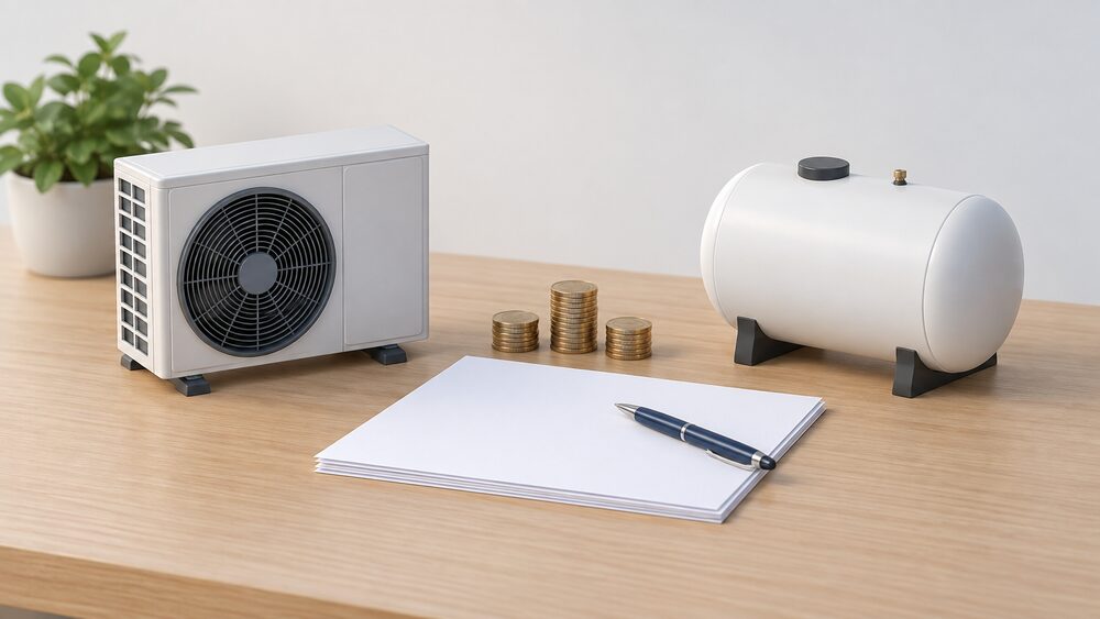 A small model of an air source heat pump fan unit stands beside a miniature white oil storage tank on a table, with blank paperwork, a pen and a small stack of coins between them, all lit by plain daylight.