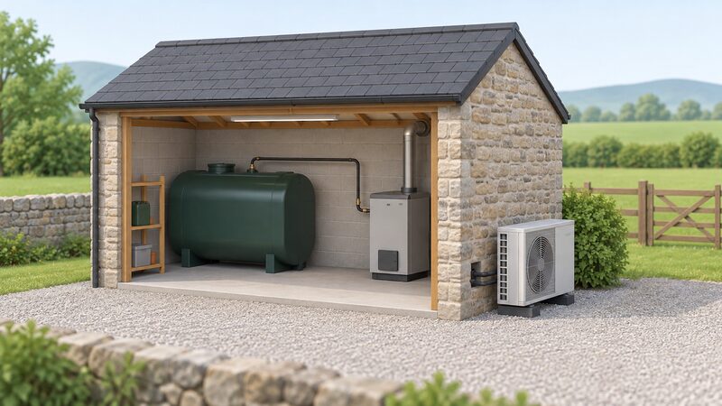 A rural outbuilding containing an oil storage tank connected to an oil boiler, with an air-to-water heat pump outdoor unit standing beside the outbuilding wall, showing the old oil setup and its heat pump replacement side by side.