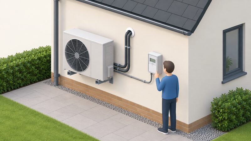 An isometric exterior wall scene showing a wall-mounted heat pump outdoor unit connected by pipework and cable to a smart electricity meter box on the same wall, with a simplified figure checking the meter, so the metering relates to the heat pump's own consumption.