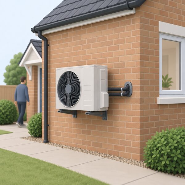 An air source heat pump unit mounted on the outside wall of a house, with pipework and insulated refrigerant lines running through the wall into the property, shown in a simple exterior view of a typical UK home.