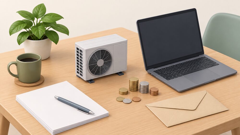 A small model of an outdoor air source heat pump fan unit stands on a table beside blank paperwork, a laptop with a blank screen, a few coins and a plain envelope, suggesting a household working out the running-cost saving on its heating bill.