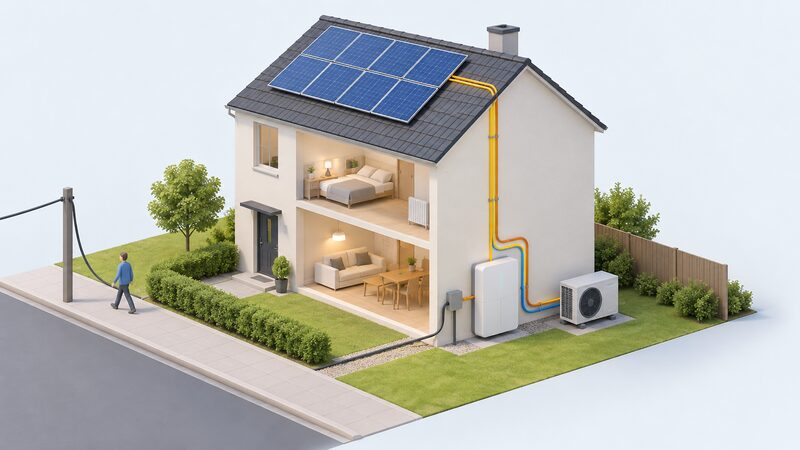 A house with rooftop solar panels connected by cables down the wall to a battery unit and an outdoor heat pump beside the house, with a grid supply cable still entering the property.