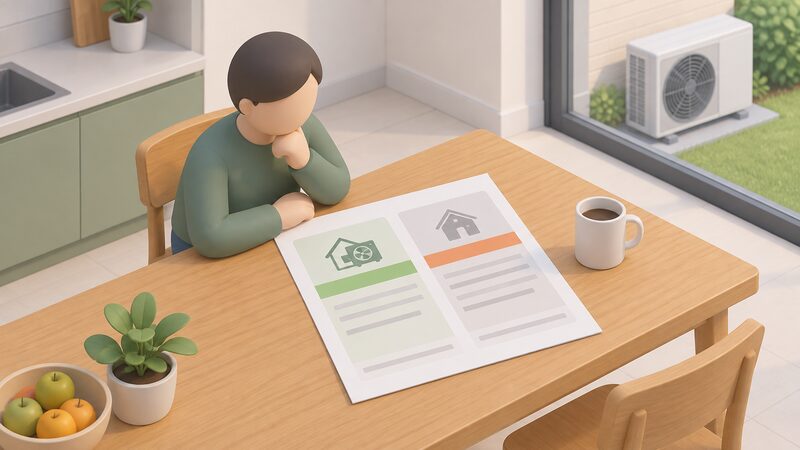 A printed energy bill lying on a kitchen table beside a small isometric figure, showing two plain colour bands of charges: one band for the heat pump's electricity discounted at a lower rate, and a second, unchanged band for the rest of the household's usage.