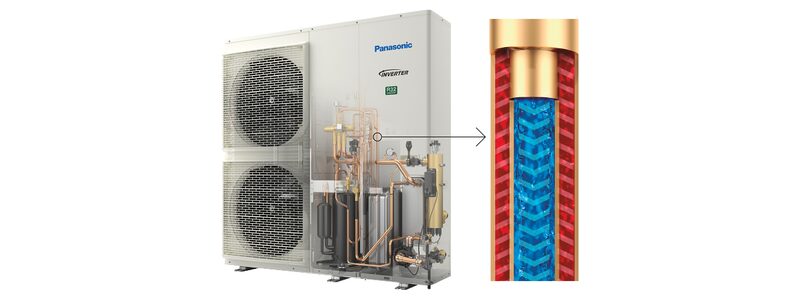 A Panasonic air-to-water heat pump unit shown with a cutaway diagram of its plate heat exchanger